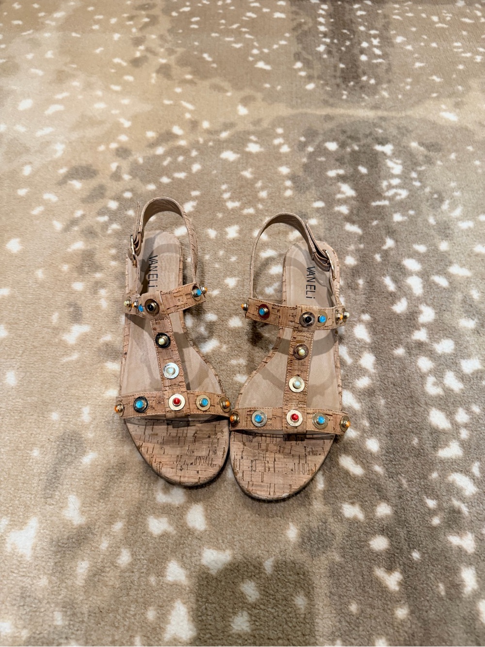 Vaneli Cork T-Strap Sandals with Multicolor Studs